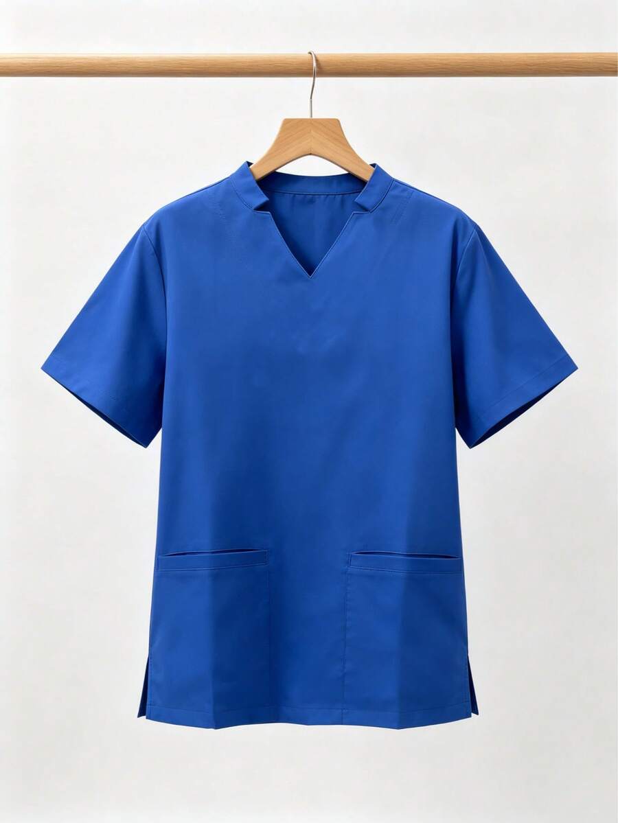 Solid Color Multi-Pocket Short Sleeve Top, Women's Dental Clinic Spring/Summer Fashionable Commute Workwear, Elegant & Comfortable Blouse - Blue - View 1