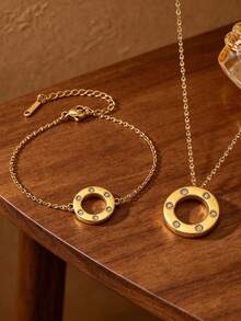Vintage Fashion Luxury Large Hoop Necklace And Bracelet 2-Piece Set For Women, Gold-Tone Large Disc Diamond Necklace Jewelry Set, Minimalist Hollow Circle Collarbone Chain And Delicate Bracelet, European And American Commuter Versatile High-End Accessory, Influencer Style, Exquisite Gift Box For Girlfriend, Best Friend, Valentine's Day - Full Diamond Version - View 6