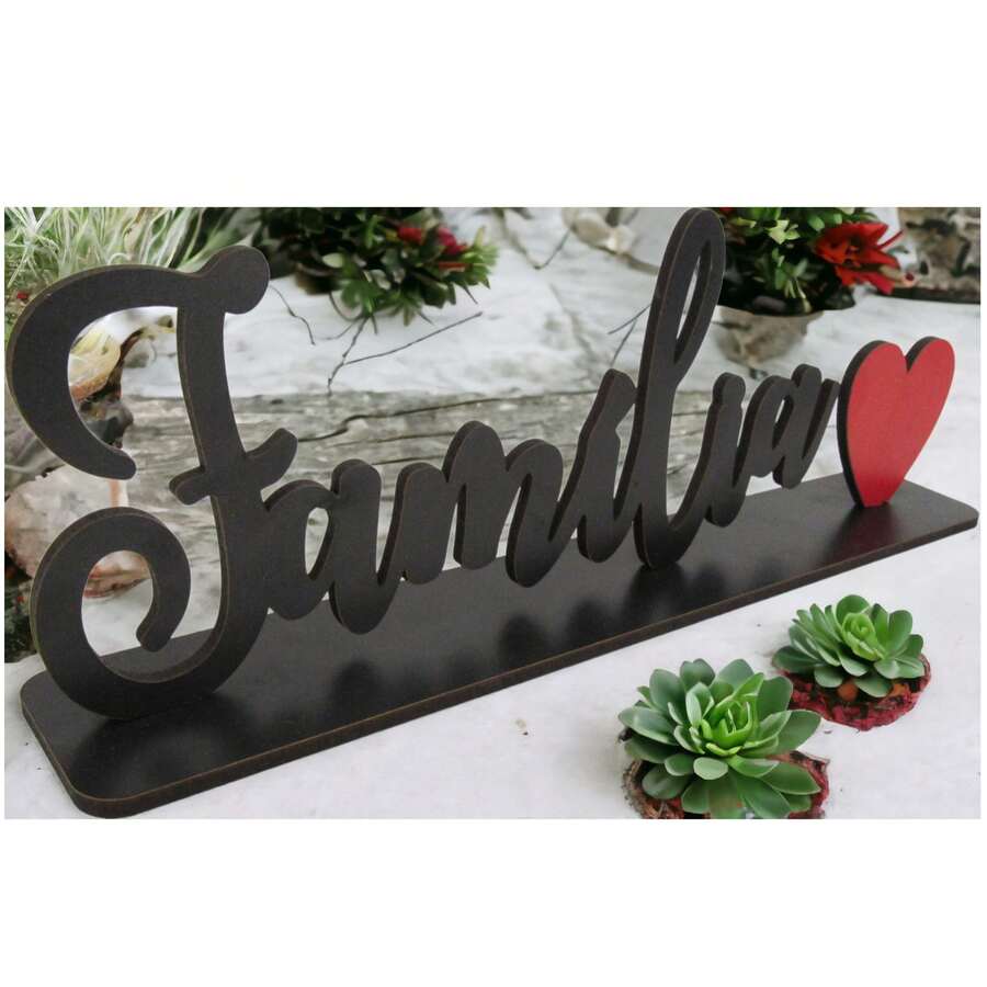 Palavras de Mesa com Base Decoração Família Mdf - Preto - Visão 1
