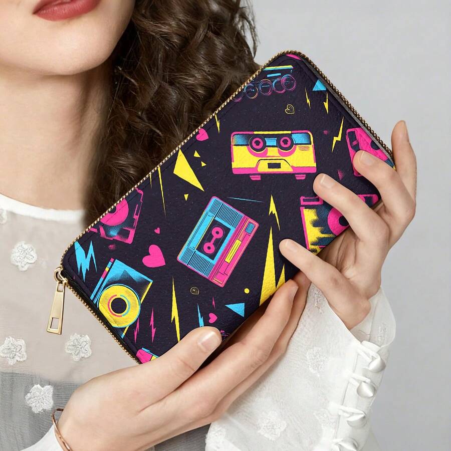 Vintage Cassette Tape Pattern Zipper Long Wallet, Multi-Function Card Holder With Card Slots And Coin Pocket, Fashionable Double-Sided Pattern Zipper Clutch, Great Outdoor Gift For Men And Women - A - View 1