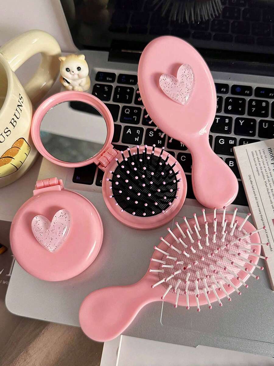 New Highly Attractive Small Portable Heart-Shaped Foldable Mirror Comb Mini Air Cushion Brush - Multicolor - View 1