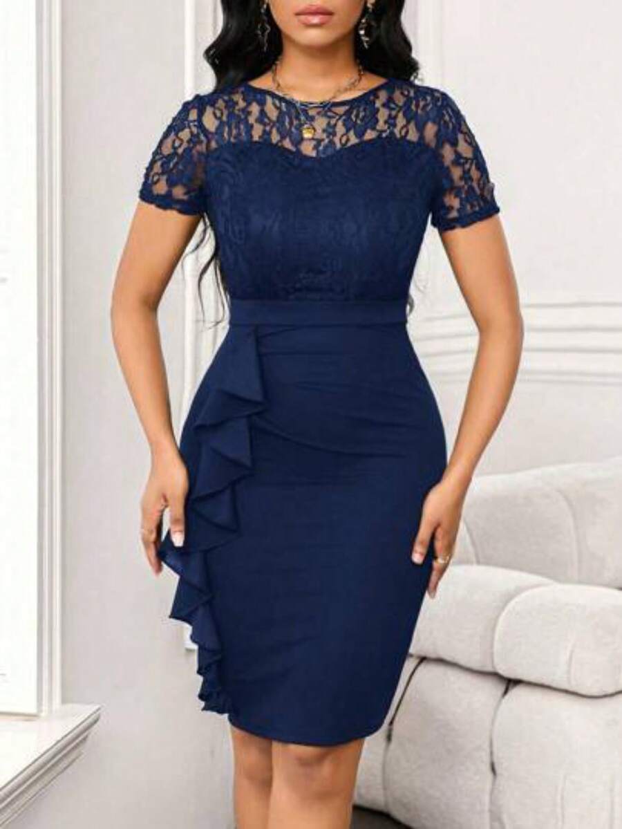 Lady Vestido de invitada de boda con plisado de encaje y falda de cadera para fiestas de trabajo - Azul marino - Ver 1