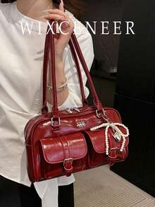 Bolso de Hombro de Cuero PU de Color Sólido Retro para Mujer, Diseño Multibolsillos, Gran Capacidad, con Colgante Decorativo Desmontable, Estilo Vintage, Bolso de Oficina - borgoña - Ver 2