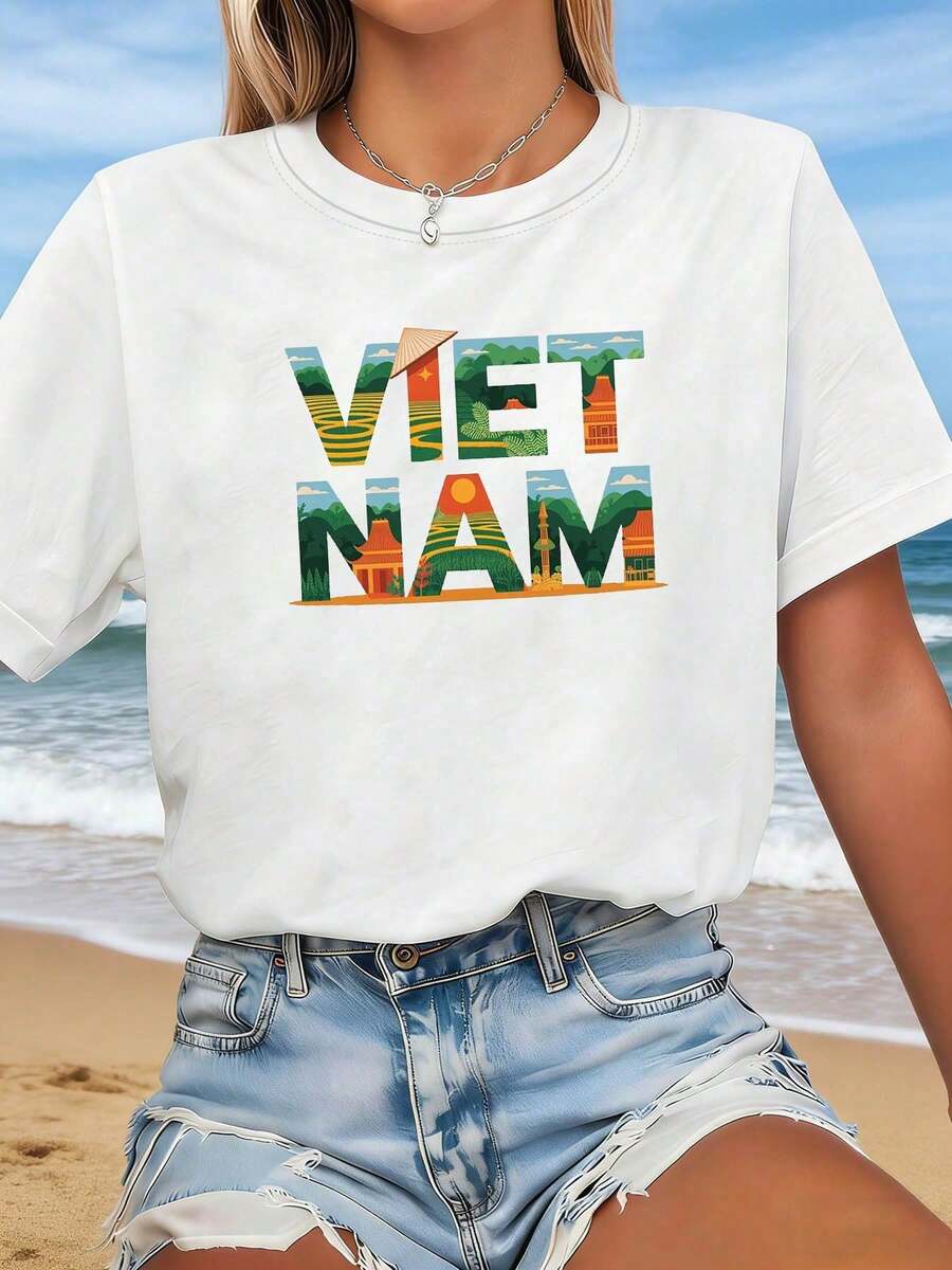Plus Size - Plus Size - Women's Plus Size T-Shirt With VIET NAM Graphic Print, Short Sleeve, Round Neck, Casual Top For Summer And Spring, Women's Clothing, Women's T-Shirts - 銀行 - 查看 1