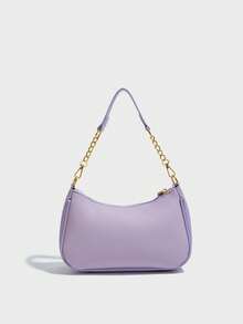 Fashion Solid Color Shoulder Bag, Top Handle PU Chain Splicing Shoulder Strap, Pendant Decoration, Suitable For Students, Teachers, Educators And Young Fashion Enthusiasts, Perfect For Work, Commute, Travel, Vacation, Evening Party And Various Occasions - Purple - View 3