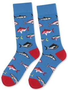 1 Pair Men's Mid-Calf Socks, Colorful Ocean Fish Pattern, Soft & Breathable For Autumn/Winter, Halloween & Christmas Holiday Gift Choice - Multicolor - View 7