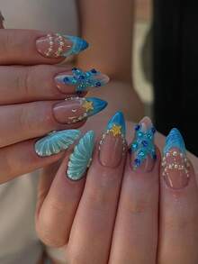 Mude suas unhas com 24 peças/conjunto de formato amendoado médio-longo com elementos de estilo oceânico, design elegante e luxuoso de glitter azul francês com estrela pérola e estrela-do-mar dourada com strass, unhas postiças de cobertura total, inclui 1 peça de cola de gelatina e 1 peça de lixa de unha, adicione um toque de charme às suas unhas, perfeito para todas as mulheres/meninas para uso diário, festas, essencial para férias de verão na praia, arte de unhas - Multicolorido - Visão 2