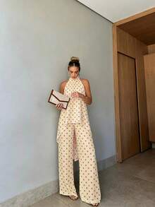 Women's Summer Casual Retro Polka Dot Apricot Halter Neck Sleeveless Top And Wide Leg Pants 2-Piece Set, Holiday Beach Outfit - Apricot - View 5