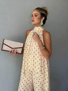 Women's Summer Casual Retro Polka Dot Apricot Halter Neck Sleeveless Top And Wide Leg Pants 2-Piece Set, Holiday Beach Outfit - Apricot - View 3