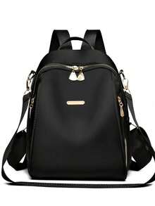 1 pieza Mochila grande de mujer de tela Oxford color negro sólido, versátil para uso diario y casual - Gris - Ver 1