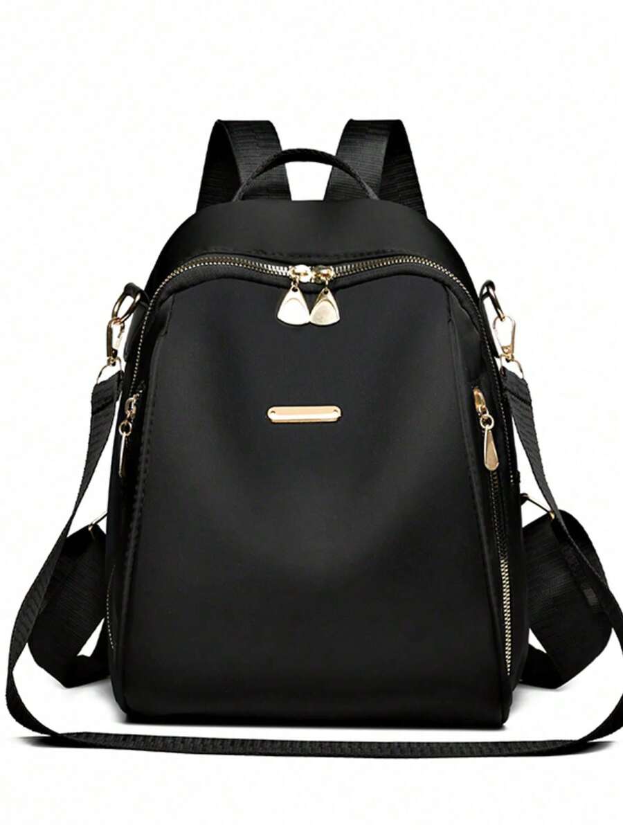1 pieza Mochila grande de mujer de tela Oxford color negro sólido, versátil para uso diario y casual - Gris - Ver 1
