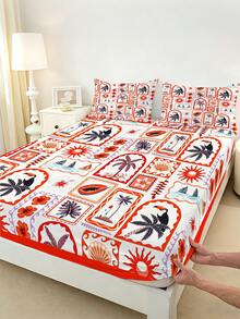 1PC Bohemian Beach Style Pattern Themed Fitted Mattress Protector (Fitted Sheet Only, No Pillowcase), Printed With Tropical Plants, Fruits, Ocean Patterns, Soft And Comfortable 100% Polyester Fabric, Suitable For Bedroom Or Guest Room, Modern Minimalist Washable Home Bedding - Multicolor - View 6