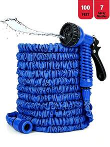 100FT Expandable Garden Hose, Water Pipe Flexible Hose With 7 Function Spray Nozzle For Watering Lawn Yard Garden Car Washing Pet Cleaning Easy Storage Ergonomic Design (Blue) - 藍色 - 查看 12
