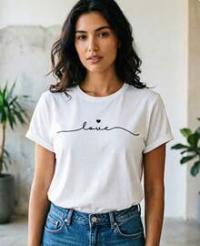 Camiseta de manga corta para mujer,Playera prenda camiseta blanca cuello redondo estampado letra cursiva con corazón pequeño corte holgado ligero ropa informal verano diario - Blanco - Ver 2