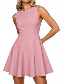 Vestido sin mangas para mujer, cuello redondo, corte ajustado y acampanado, mini vestido con costuras de princesa para trabajo o fiesta de cóctel. - Rosa - Ver 1