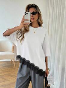 Camiseta de talla grande con diseño elegante, bajo asimétrico, ribete de encaje y manga corta, de nuevo estilo para mujer. - Estampado de leopardo marrón - Ver 9