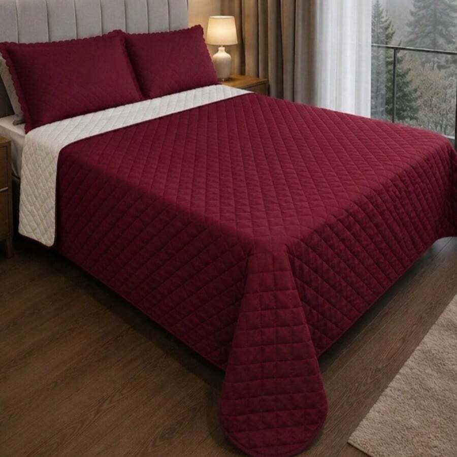 Single/Queen Double-Sided Bedspread Set With Sherpa Alaska 03 Pieces - Premium Soft Touch - 葡萄酒 - 查看 1