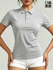 mulinsen 女款運動 Polo 衫 T-shirt，純色休閒薄款短袖上衣，輕量冰絲透氣翻領短袖，時尚鈕扣領設計，適合戶外休閒、女款高爾夫服飾、網球女裝、馬術騎乘上衣 - 深灰色 - 查看 5