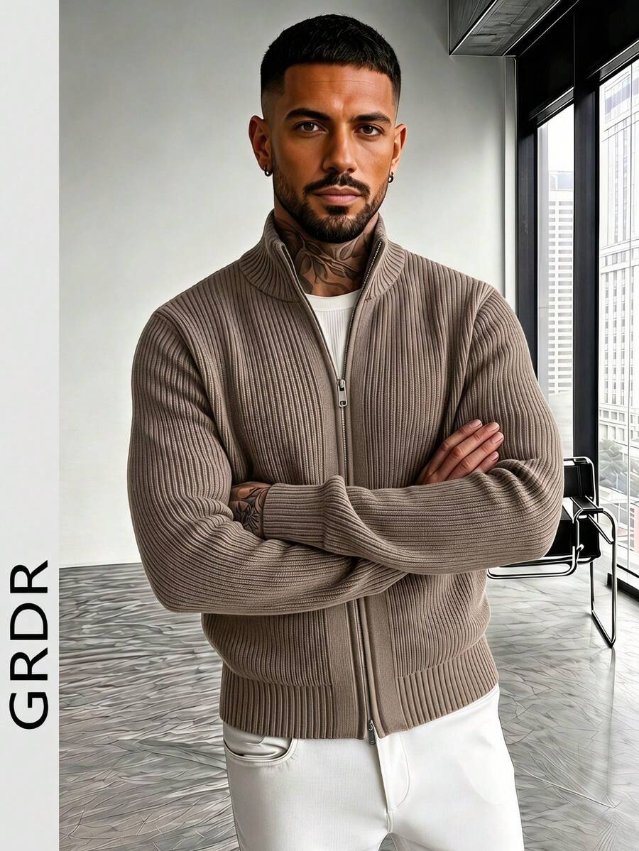 GRDR Men's Crew Neck Long Sleeve Stand Collar Double-Breasted Cardigan Sweater, Versatile For Daily Wear