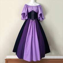 Medieval Retro Style Fitted Dress With Color Blocks, Ruffled Sleeves And A Wide Hem, Ideal For Cosplay And Stage Performances. - Purple - View 1