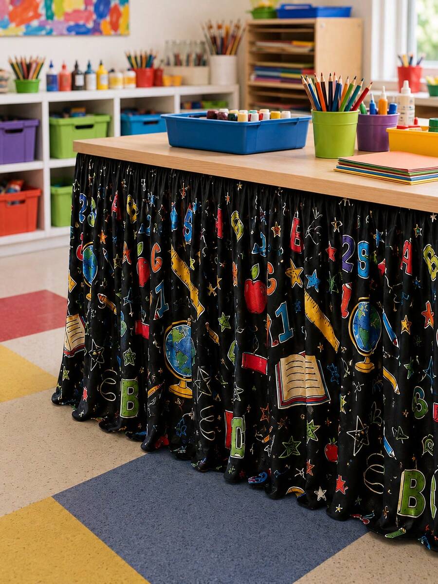 1pc Black School Supplies Print Table Skirt, Colorful Classroom Style Polyester Rectangular Pleated Tablecloth, Back To School Decoration, Teacher Desk Display, Kindergarten Classroom Party, Library Reading Corner - Multicolor - View 1