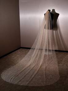 1pc Long Train Glitter Champagne Nude Bridal Veil With Metal Hair Comb, Church Wedding & Bridal Photography Accessory - Khaki - View 7