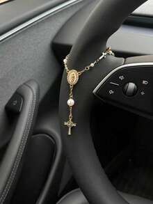 Universal Car Rearview Mirror Rosary (With Pendant) And Cross Evil Eye Rearview Mirror Hanging Ornament, Gold Car Rearview Mirror Metal Medal And Cross Pendant, Cross Bracelet, Virgin Mary Bracelet, Baptism Prayer Bracelet - A - View 4