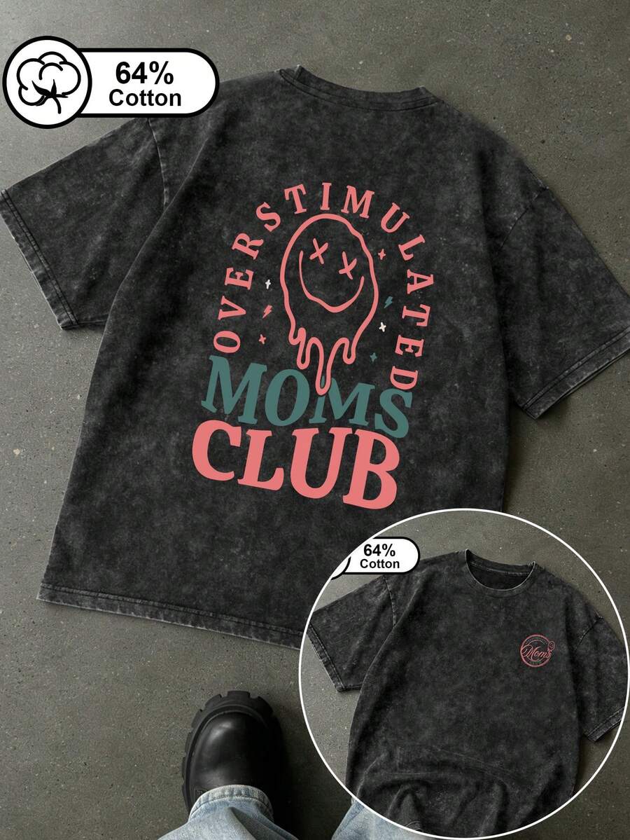 大尺碼女款復古水洗雪花T恤,Club雙面印花,休閒圓領短袖,夏季上衣,日常穿著T恤 - 黑色 - 查看 1