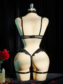 SpicyHot 4 Peças Conjunto de Lingerie Sexy com Renda, Patchwork e Recortes Vazados para Mulheres com Capa de Mamilo de PU e Tinsel, Lingerie Sexy para Mulheres, Lua de Mel, Quente, Noite de Encontro, Lingerie, - Multicolorido - Visão 2