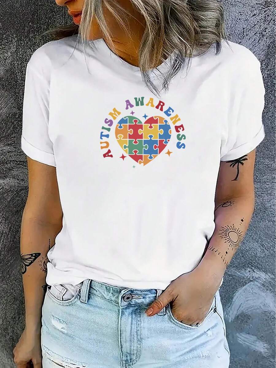 Camiseta Casual para Mujer con Estampado de Corazón y Rompecabezas, Cuello Redondo y Manga Corta - Top Atlético Casual con Potencial para Combinar con Otras Prendas, Lavable a Máquina - Blus - Blanco - Ver 1
