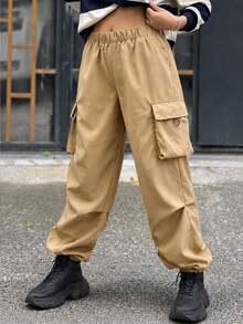 1pc Tween Girls Outdoor Street Casual Solid Color Cargo Pants - Khaki - View 1