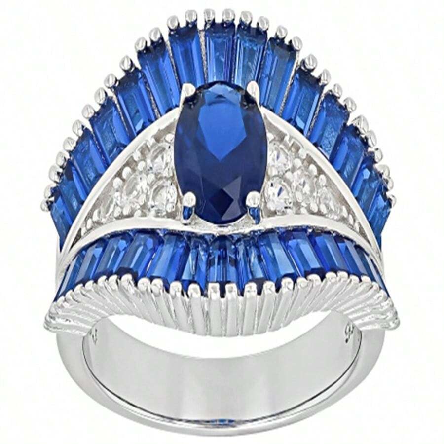 Luxury Retro Wide Band Ring, Blue & White Synthetic Cubic Zirconia Inlaid, Unisex Elegant Accessory, Versatile For Daily Wear And Festivals - Silver - View 1