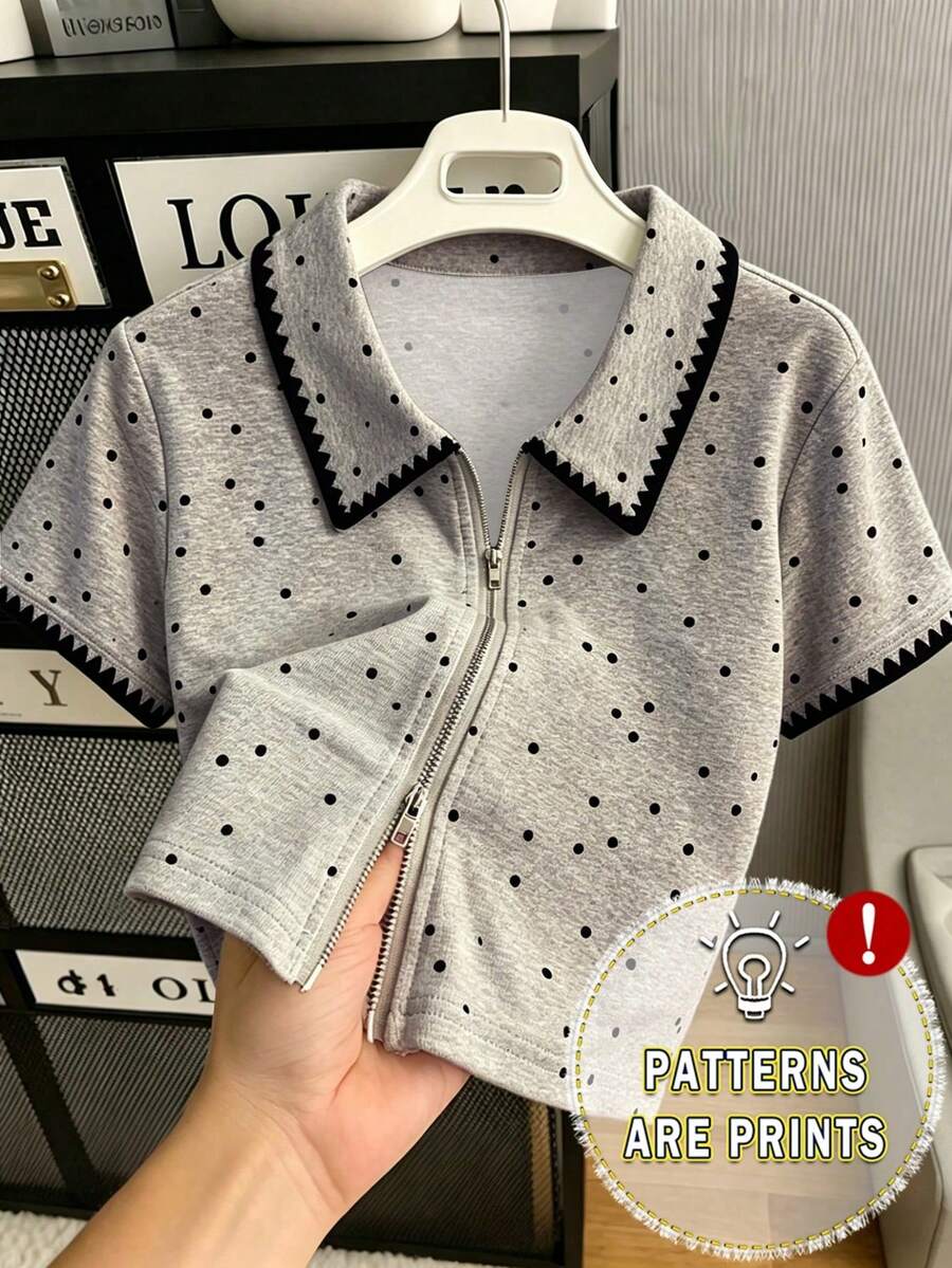 Blusa de manga corta con doble cremallera, de estilo minimalista y casual para el verano - Gris - Ver 1