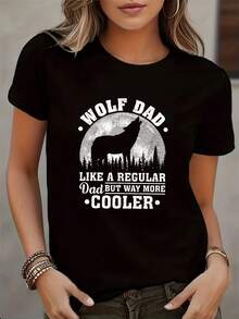 Camiseta gr£fica casual para mujer - "Wolf Dad" estampado, tejido el£stico suave, cuello redondo de manga corta, moda para todas las estaciones con dise￱o divertido de animales, ropa casu - Negro - Ver 2