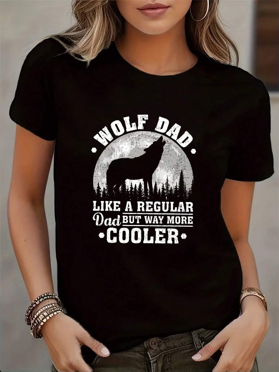 Camiseta gr£fica casual para mujer - "Wolf Dad" estampado, tejido el£stico suave, cuello redondo de manga corta, moda para todas las estaciones con dise￱o divertido de animales, ropa casu