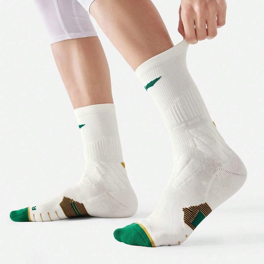 LI-NING Basketball Series Antibacterial Mid-Calf Socks Cushioned Shock Absorbing Socks For Training & Running AWLW037 - Milky White/Ash Gold Green - View 1