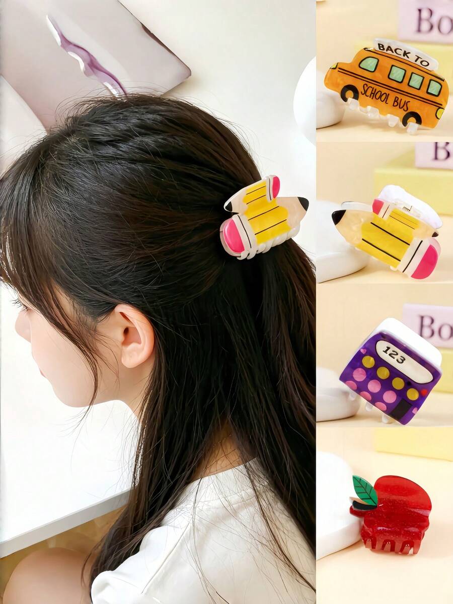 4er Set Cartoon Haarspangen für Schulanfang & Abschlusszeit, Schulbus Bleistift Apfel Taschenrechner Acryl Haarspangen, Campus Haarschmuck für Schüler - Verschiedenfarbig - Übersicht 1
