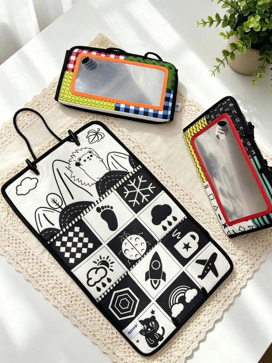 1pc Unisex Floor Mirror, High Contrast Car Hanging Folding Mirror, Baby Development Cognitive Learning Cloth Book Practice, Newborn Tummy Time Crawling Toy, Baby Gift - 彩色 - 查看 1