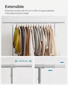 SONGMICS Perchero Para Ropa Con Ruedas, Extensible, Carga Pesada de 130 kg, Fácil de Montar y Portátil, (110-150) * 45 * 162.9 cm,Plata MHSR11SV2 - Negro Mate - Ver 5