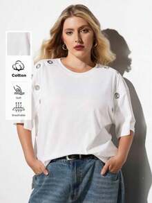 Maija Camiseta holgada de manga corta con cuello redondo y diseño de ojales para mujer de talla grande, estilo urbano moderno y casual versátil, con - Blanco - Ver 1
