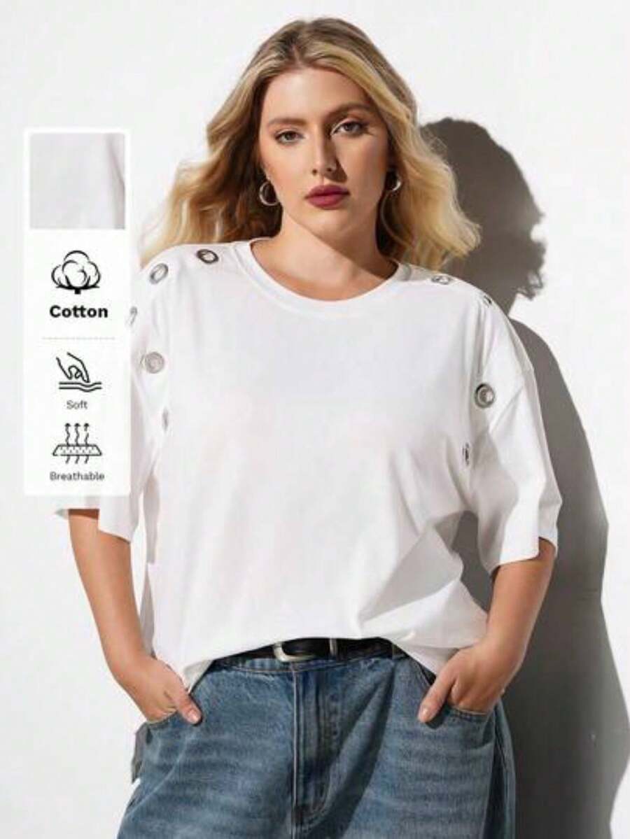 Maija Camiseta holgada de manga corta con cuello redondo y diseño de ojales para mujer de talla grande, estilo urbano moderno y casual versátil, con - Blanco - Ver 1