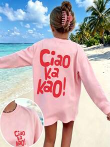 Tween Girl Casual Fun Print Crew Neck Pullover Long Sleeve T-Shirt, Autumn/Winter Top - Pink - View 2
