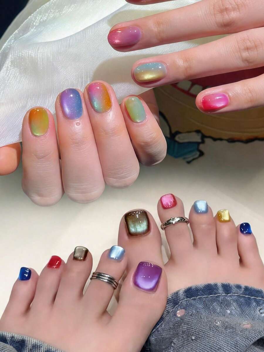 瞬時風格升級短橢圓裸色水晶貓眼美甲貼,完美貼合,短款壓克力材質,套裝含 1 片果凍膠與 1 片美甲锉,適合女性與女孩日常工作、學習及派對使用 - 彩色 - 查看 1