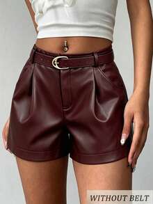 Shorts casuales de cintura alta con pliegues para mujer RNU con cinturón de hebilla ajustable, bolsillos laterales de unicolor, shorts de pierna ancha, adecuados para el uso diario en la calle - Burdeos - Ver 9