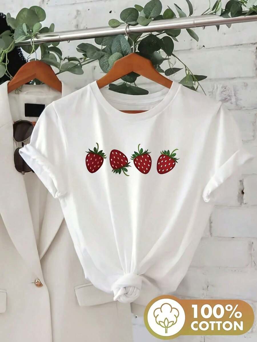 Vintage Short-Sleeved Shirt With A Round Neckline And Hand-Drawn Strawberry Pattern - Velvet Willowsummer Tops - 白色 - 查看 1