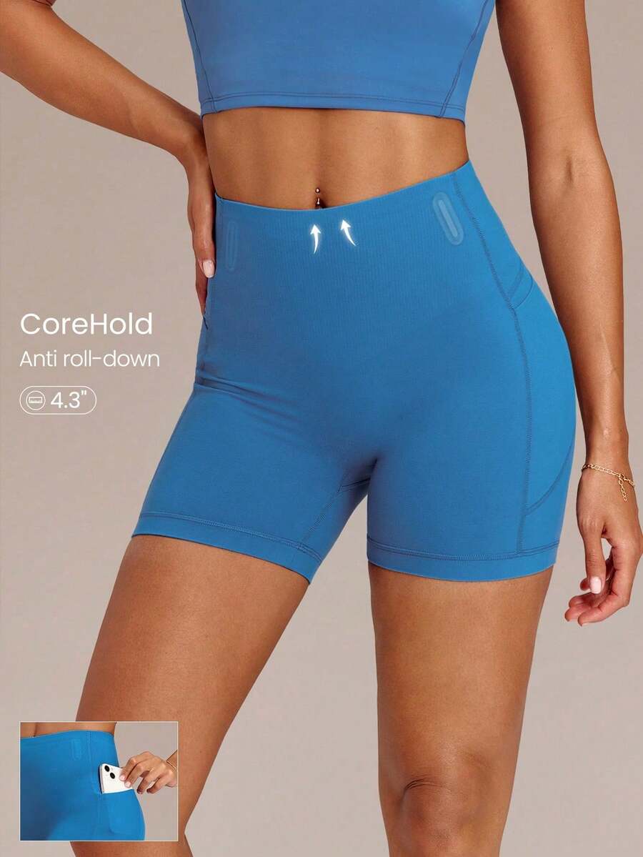 GLOWMODE 4.3" Pantalones cortos de ciclista con soporte de corsé FeatherFit ™ -Sculpt, sin costura frontal, control del abdomen, con bolsillos laterales y tiras antideslizantes, para entrena - Verde militar - Ver 1