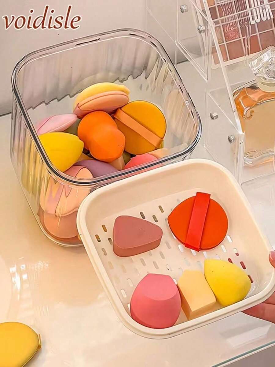 1 pieza Caja de almacenamiento para borlas de polvo, organizador de cojines, soporte para cosméticos, separación de seco y húmedo, transpirable, gran capacidad, material de plástico transparente, caja de almacenamiento de escritorio, adecuada para borlas de polvo, esponjas de maquillaje y otros almacenamientos de cosméticos. - Multicolor - Ver 1