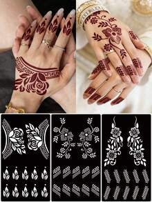 3pcs Set Hana Hand-Drawn Hollow Tattoo Stencils Floral Pattern Nail Art Tattoo - Sexy Floral Design, Suitable For Hands, DIY Painting, Ink, Reusable Mehndi Design Template Stickers - Black - View 1