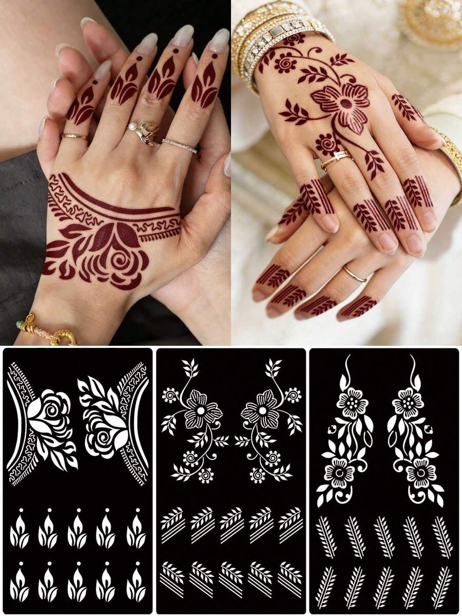 3pcs Set Hana Hand-Drawn Hollow Tattoo Stencils Floral Pattern Nail Art Tattoo - Sexy Floral Design, Suitable For Hands, DIY Painting, Ink, Reusable Mehndi Design Template Stickers - Black - View 1