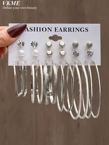 12 Pairs Luxury Compliant Material Large Metal Hoop Earrings Set - Silver - View 1